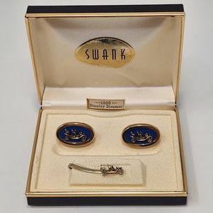 Swank 1909 Stanley Steamer Cufflink Tie Clasp Set Gold Tone Blue Enamel Gift Box